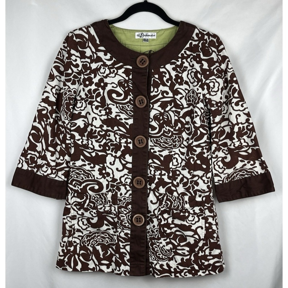 Vintage 90s Y2K Bushwacker‎ Linen Blend Floral Button Up Jacket Brown White Sz 6